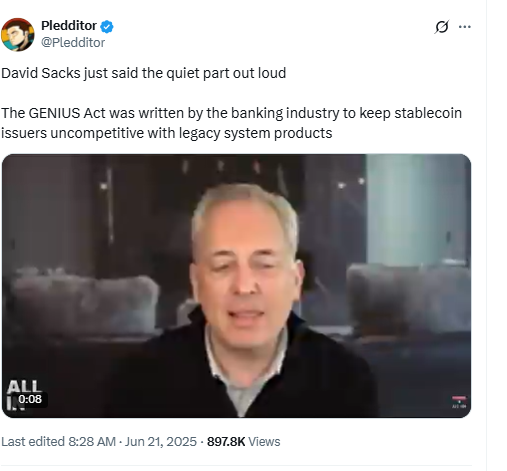 David Sacks GENIUS Act Comment. Source: Pledditor on X