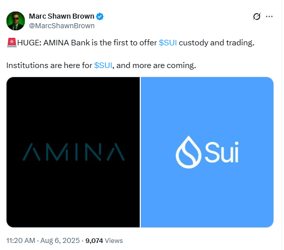 AMINA Bank Offers SUI Custody.Source: Marc Shawn Brown on X (@MarcShawnBrown