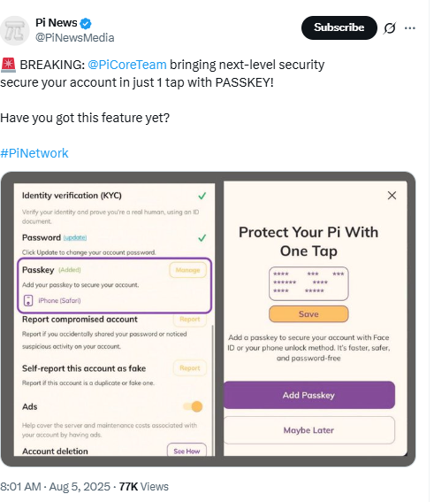 Pi Network Adds One-Tap Passkey SecuritySource: Pi News on X (@PiNewsMedia)