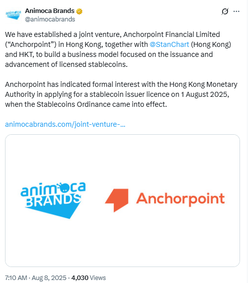 Anchorpoint Financial Stablecoin Venture.Source: Animoca Brands on X (@animocabrands)