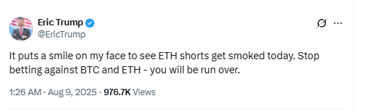 Eric Trump Ether Comment. Source: Eric Trump on X