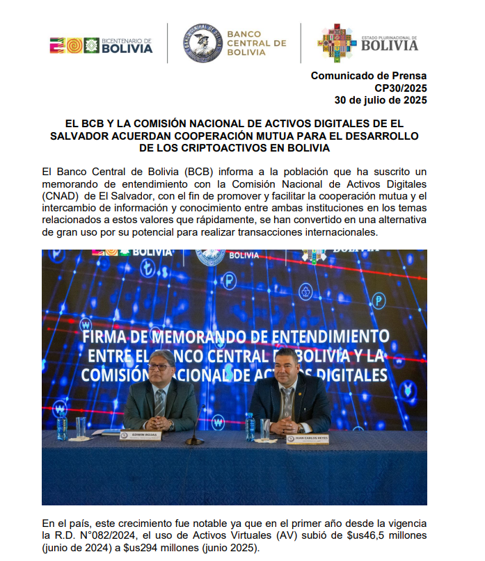 Bolivia-El Salvador Crypto Cooperation Agreement. Source: Banco Central de Bolivia