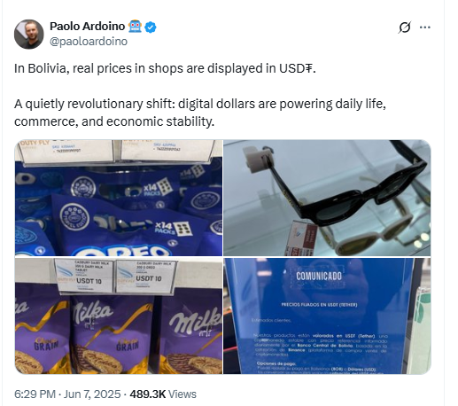 USD Prices in Bolivia Shops. Source: Paolo Ardoino on X