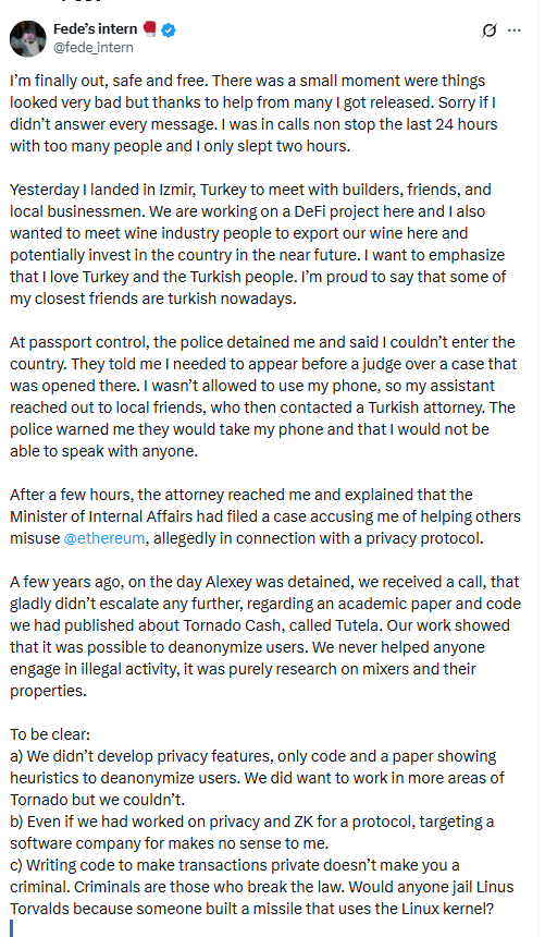 Image title: "Federico Carrone Statement After Release. Source: Fede’s Intern"