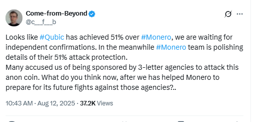 Come-from-Beyond X Post on Qubic and MoneroSource: X