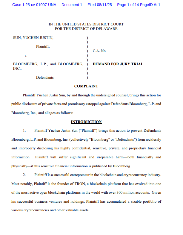 Justin Sun v. Bloomberg Court Filing, Page 1".Source: United States District Court for the District of Delaware