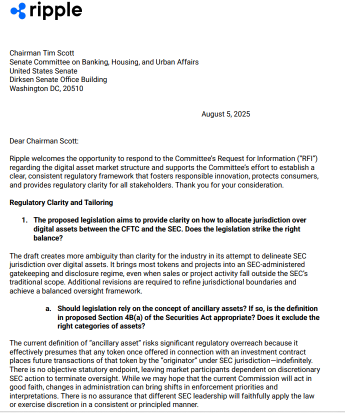 Ripple Letter to Senate on Proposed U.S. Crypto Bill. Source: Ripple