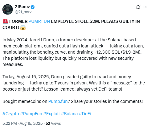 Pump.fun Developer Guilty in $2M Solana Theft. Source: X
