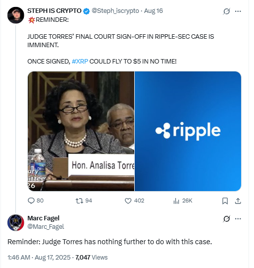 Marc Fagel Clarifies Judge Torres’ Role in Ripple CaseSource: X