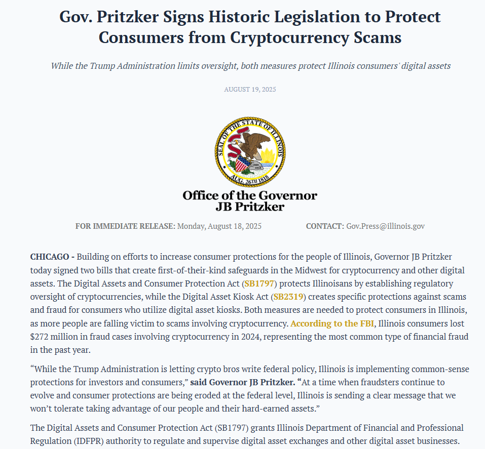 Illinois Crypto Consumer Protection Bill SigningSource: Office of the Governor JB Pritzker