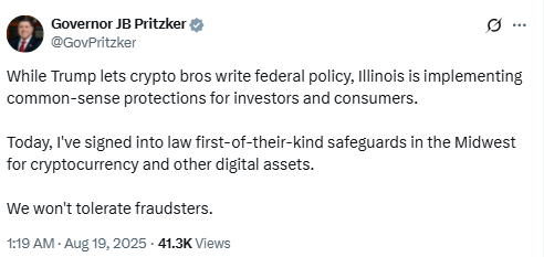 Governor JB Pritzker Crypto Policy PostSource: X (@GovPritzker)