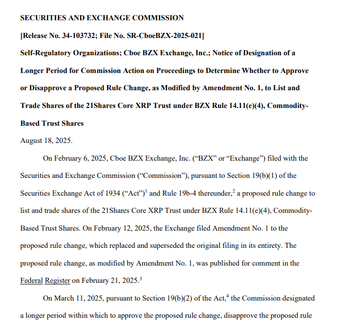 SEC Notice on 21Shares Core XRP TrustSource: U.S. Securities and Exchange Commission (SEC)