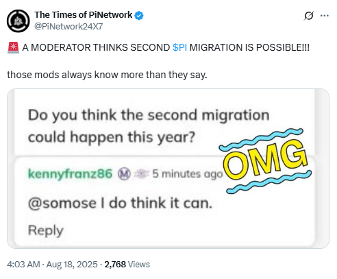 Second Pi Migration Hint. Source: The Times of PiNetwork (X)