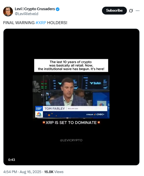 Levi Rietveld – Final Warning to XRP HoldersSource: X (@LeviRietveld)