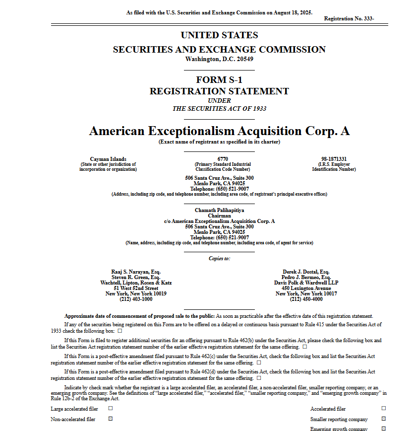 Form S-1 Registration Statement – American Exceptionalism Acquisition Corp. ASource: U.S. Securities and Exchange Commission (SEC)