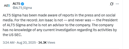 ALT5 Sigma on SEC Probe RumorsSource: X (@ALT5_Sigma)