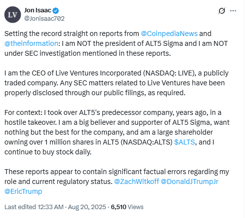 Jon Isaac on SEC Probe RumorsSource: X (@Jonisaac702)