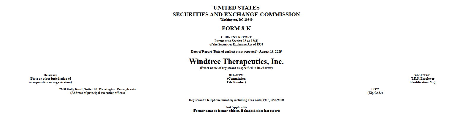Windtree Therapeutics, Inc. SEC Form 8-K FilingSource: U.S. Securities and Exchange Commission (SEC)