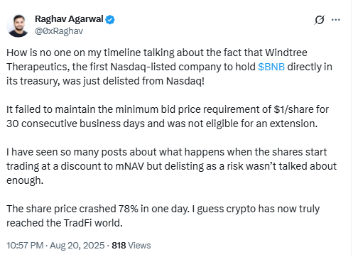 Raghav Agarwal X Post on Windtree DelistingSource: X (@0xRaghav)