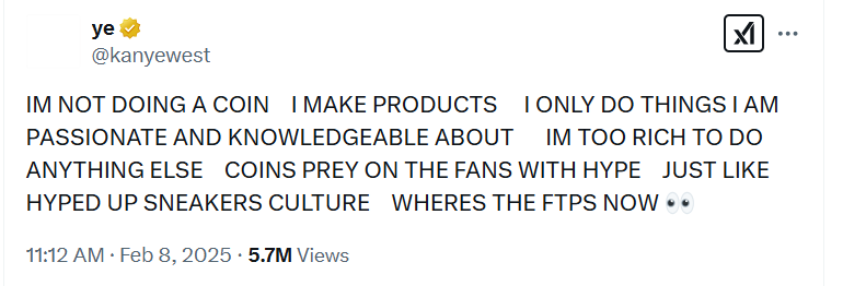 Ye Criticizes Memecoins. Source: X (@kanyewest)