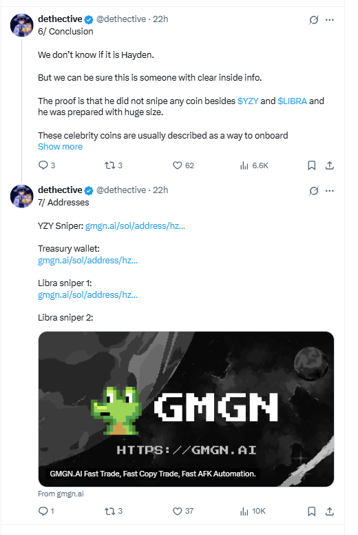 Dethective Reveals YZY and LIBRA Insider Wallets. Source: X (@dethective)
