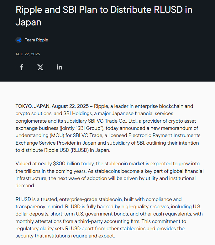 Ripple and SBI Plan to Distribute RLUSD in JapanSource: Ripple
