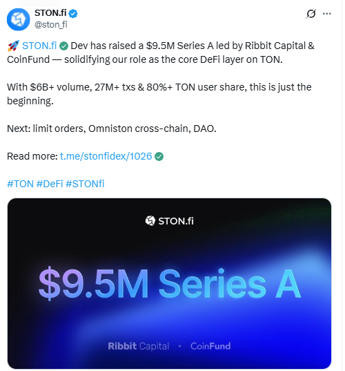 STON.fi $9.5M Series A Announcement. Source: X (@ston_fi)
