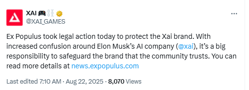 Ex Populus Legal Action Announcement on XSource: @XAI_GAMES on X