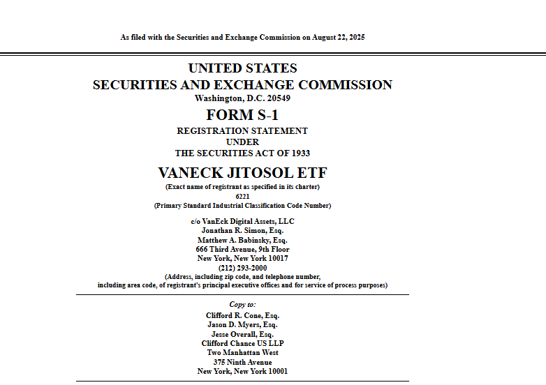 VanEck JitoSOL ETF – Form S-1 Registration StatementSource: U.S. Securities and Exchange Commission (SEC)