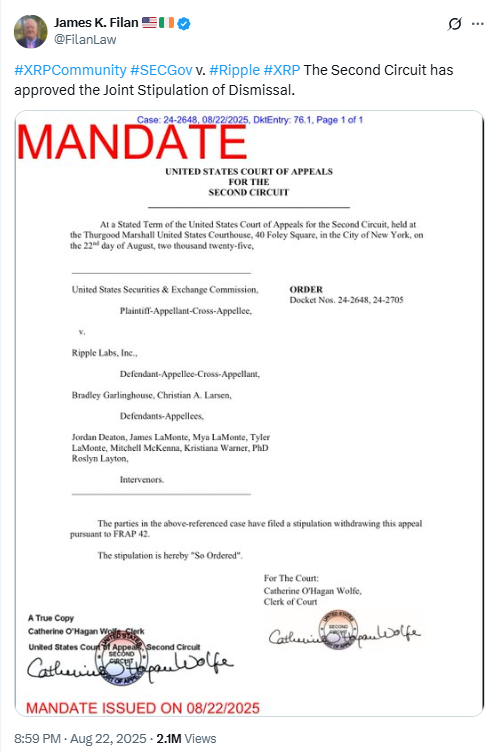 Mandate Issued on Ripple v. SEC AppealSource: James K. Filan on X (@FilanLaw)