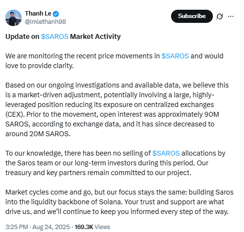 Thanh Le Statement on Saros Market ActivitySource: X (@imlethan98)