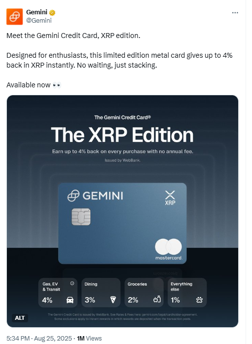 Gemini XRP Mastercard Credit Card. Source: Gemini