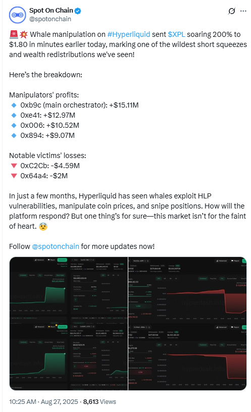 Spot On Chain Whale Manipulation Alert. Source: Spot On Chain (X / @spotonchain)