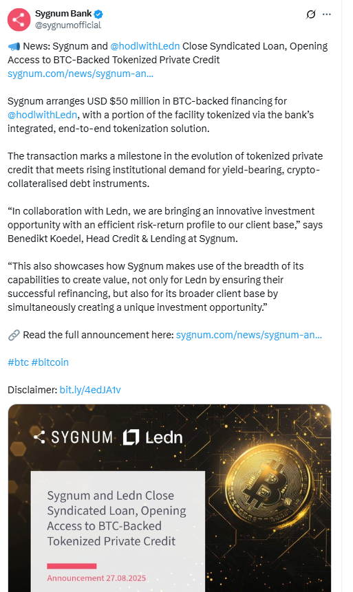 Sygnum and Ledn Close Syndicated Loan AnnouncementSource: Sygnum Bank (X / @sygnumofficial)