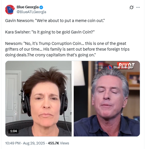 Gavin Newsom Trump Corruption Coin InterviewSource: X (Blue Georgia / @BlueATLGeorgia)