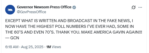 Gavin Newsom Parody Post on Poll NumbersSource: X (Governor Newsom Press Office / @GovPressOffice)