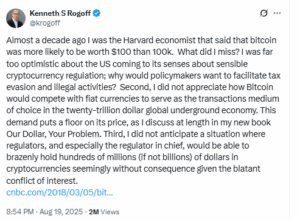 Rogoff retracts 2018 call as Bitcoin trades above $115K