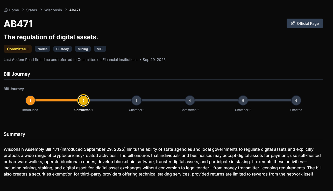 AB471 Wisconsin Bill Journey. Source: Bitcoin Laws