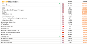 Top 20 corporate Bitcoin treasury firms by BTC holdings. Source: BitcoinTreasuries.NET