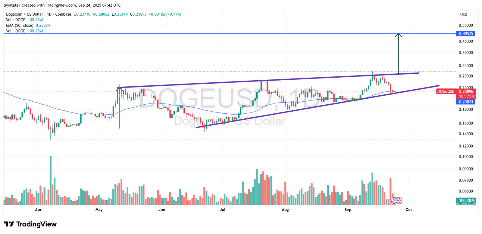 DOGEUSD Daily Rising Wedge. Source: TradingView