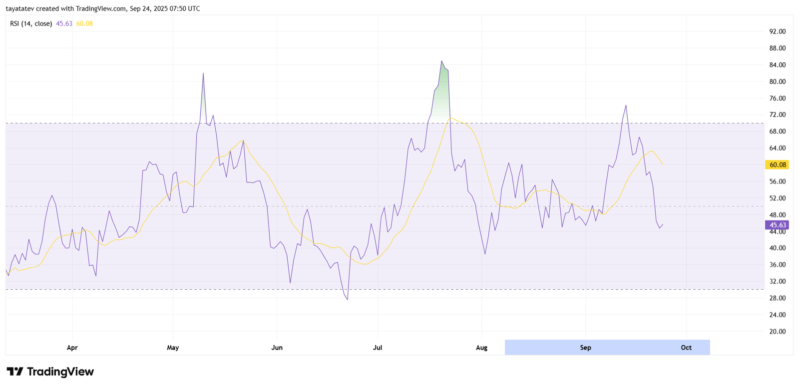 DOGEUSD Daily RSI (14). Source: TradingView