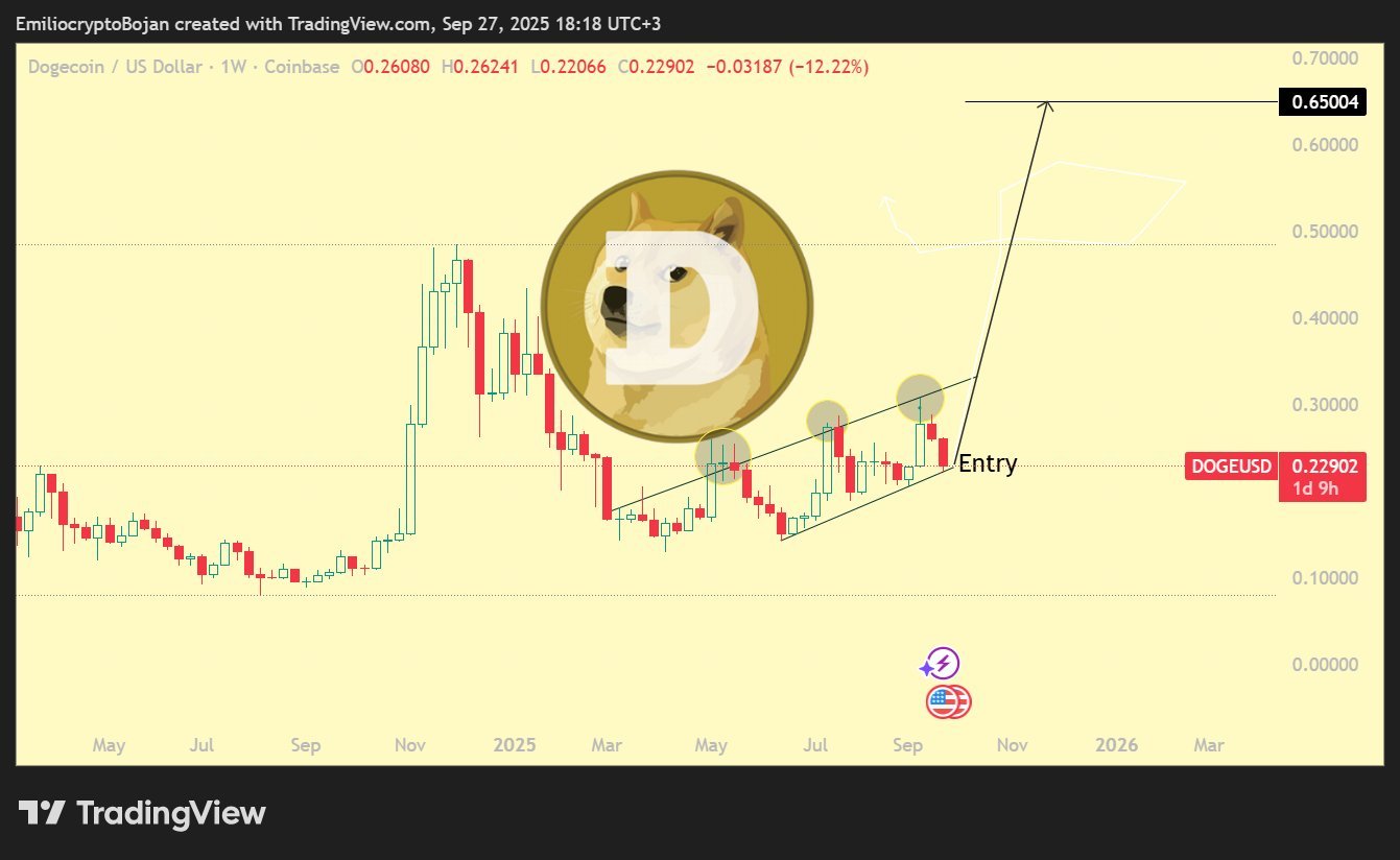 DOGEUSD weekly channel testSource: Emilio Crypto Bojan on X, TradingView