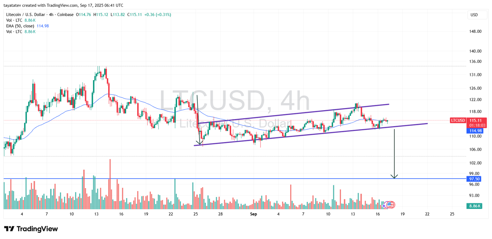 Litecoin LTCUSD 4h Rising Wedge. Source: TradingView