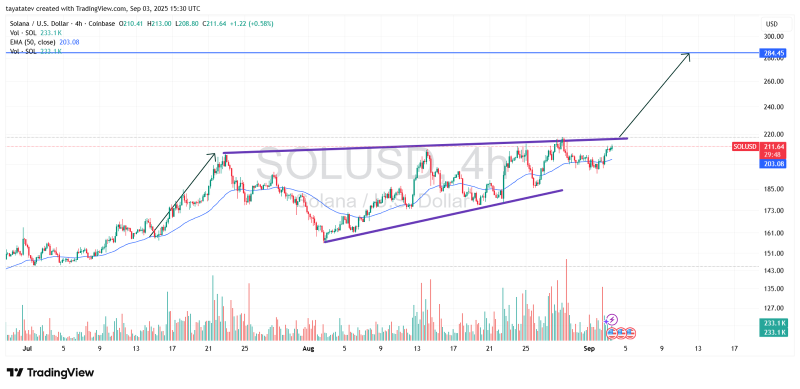SOL/USD 4-Hour Chart (Rising Wedge Pattern)Source: TradingView