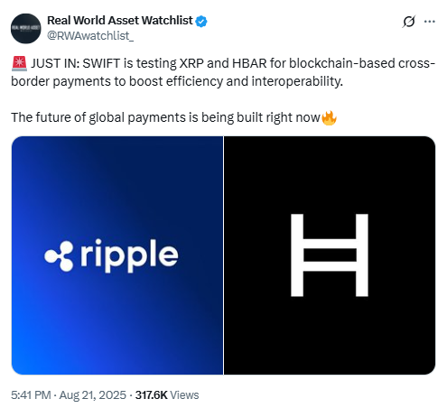 Ripple and Hedera Logos. Source: Real World Asset Watchlist (X)