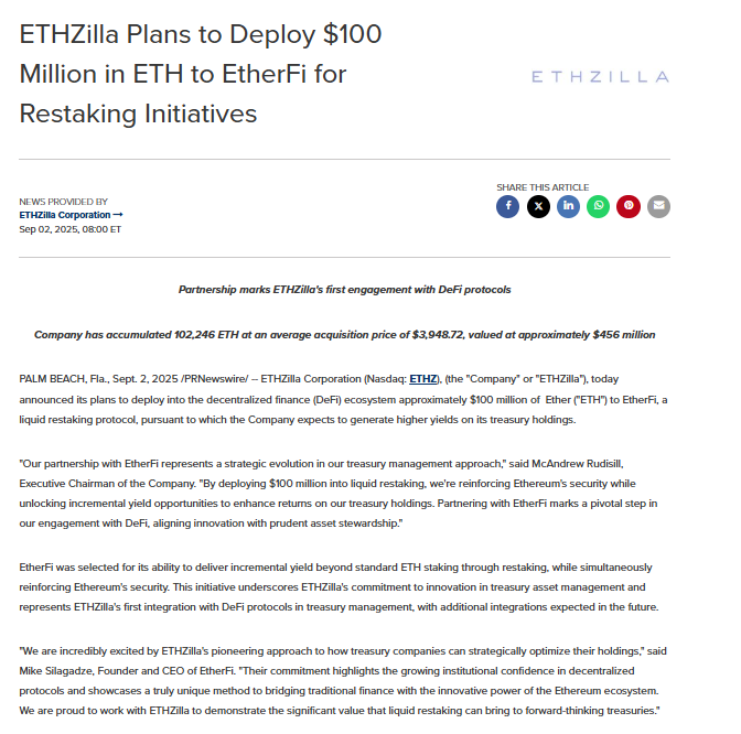 ETHZilla Plans to Deploy $100 Million in ETH to EtherFi for Restaking Initiatives"Source: PR Newswire (ETHZilla Corporation press release)
