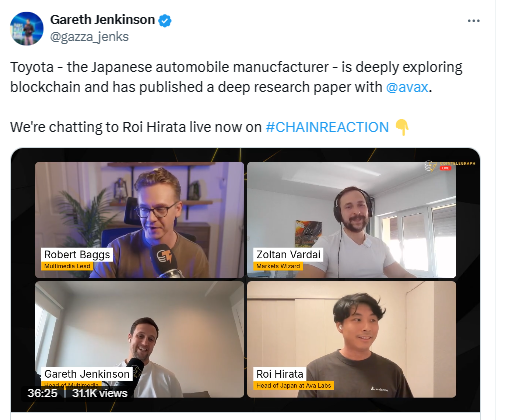 Avalanche and Toyota Blockchain Research on Robotaxi Infrastructure.Source: Gareth Jenkinson (X)