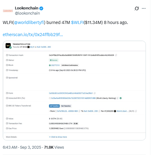 WLFI 47M Token Burn. Source: X (Lookonchain)