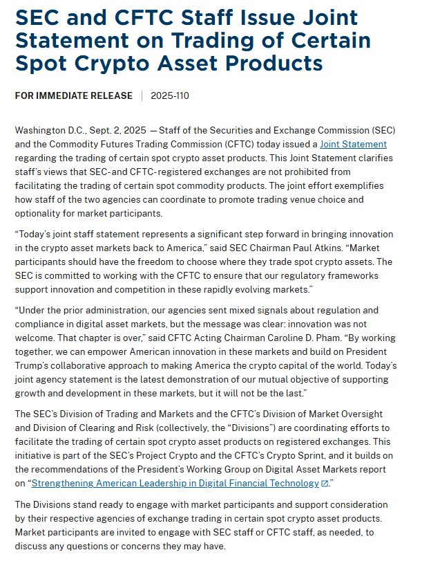 SEC and CFTC Staff Issue Joint Statement on Trading of Certain Spot Crypto Asset ProductsSource: U.S. Securities and Exchange Commission (SEC)