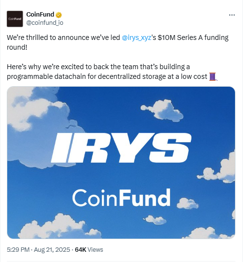 Irys $10M Series A Funding Announcement. Source: CoinFund (X)
